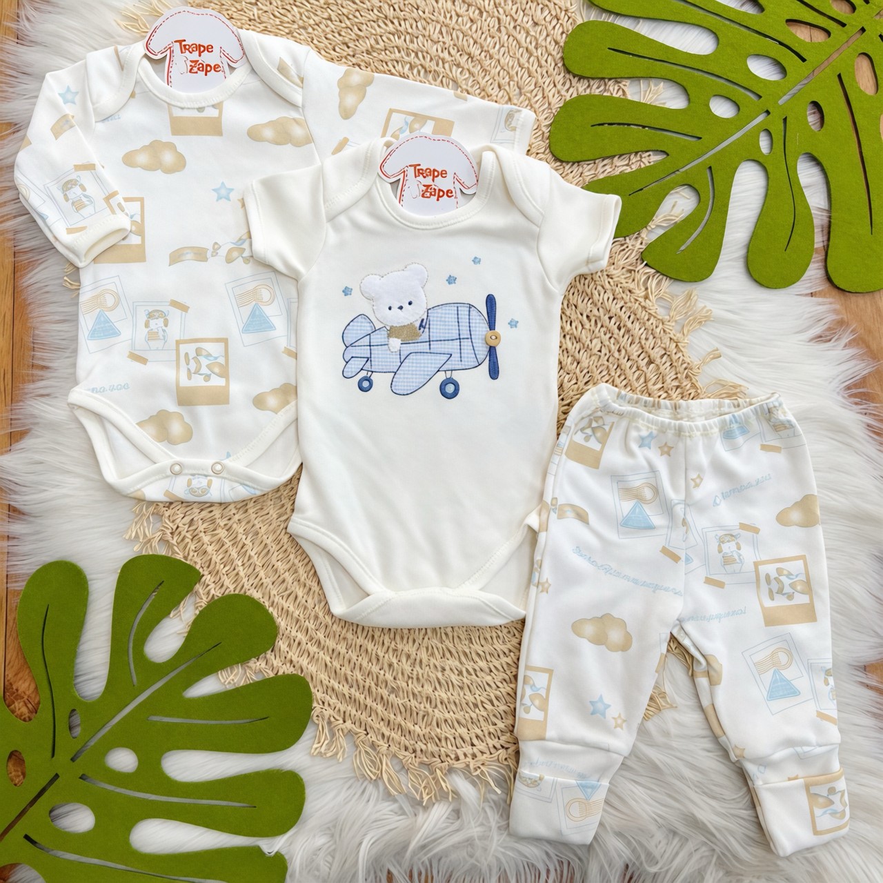  CONJ. DE MALHA 3 PEÇAS - Ursinho Aviador - Off White e Bege